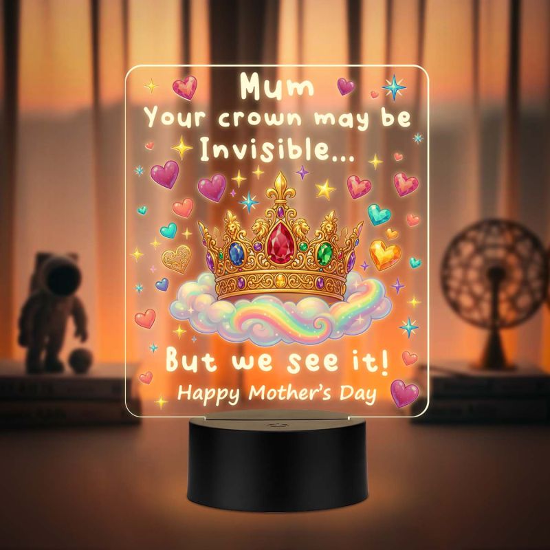 Mom Crown Inspirational Acrylic LED Lamp with UV Print – Personalized Mother Quote Night Light with Warm White LED & USB Power